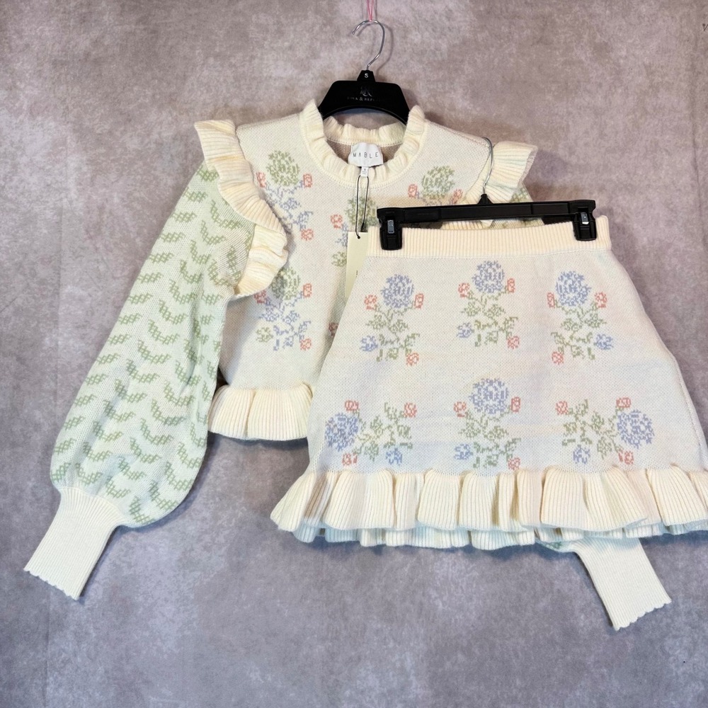 Mable 2 Piece Sweater Skirt Set Women Small Cream Floral Knit Co-ord Cottage
